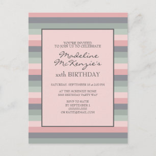 Pastel Pink Purple Green Stripes Birthday Invite Postcard
