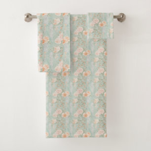 Pastel Pink Purple Green Watercolor Floral Vintage Bath Towel Set