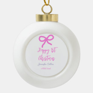 Pastel pink purple happy 1st Christmas bow name da Ceramic Ball Christmas Ornament