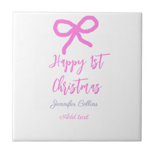 Pastel pink purple happy 1st Christmas bow name da Ceramic Tile