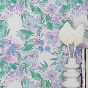 Pastel Pink Purple Mint Boho Watercolor Flowers Wallpaper
