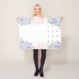 Pastel Pink & Purple Peonies Floral Baby Milestone Fleece Blanket