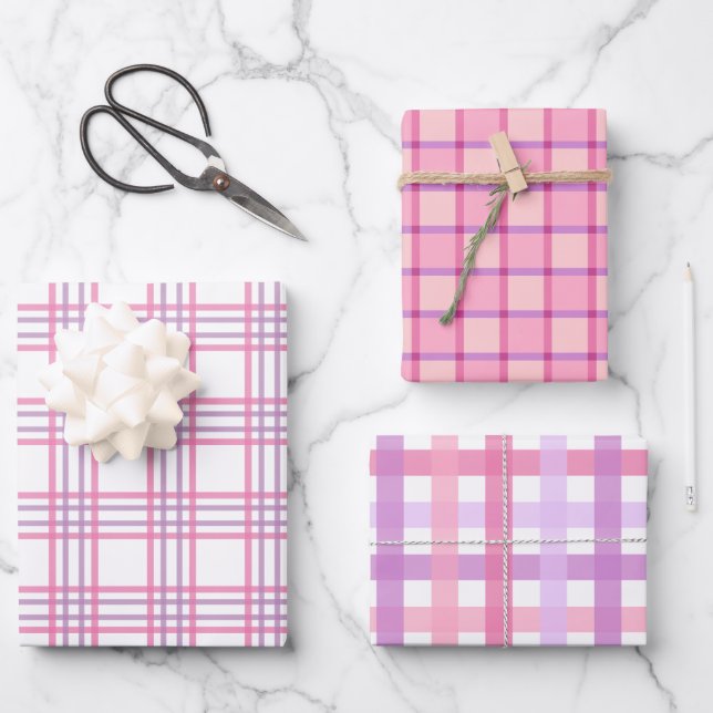 Pastel Pink Purple Plaid Chequered Gingham Wrapping Paper Sheet (Front)
