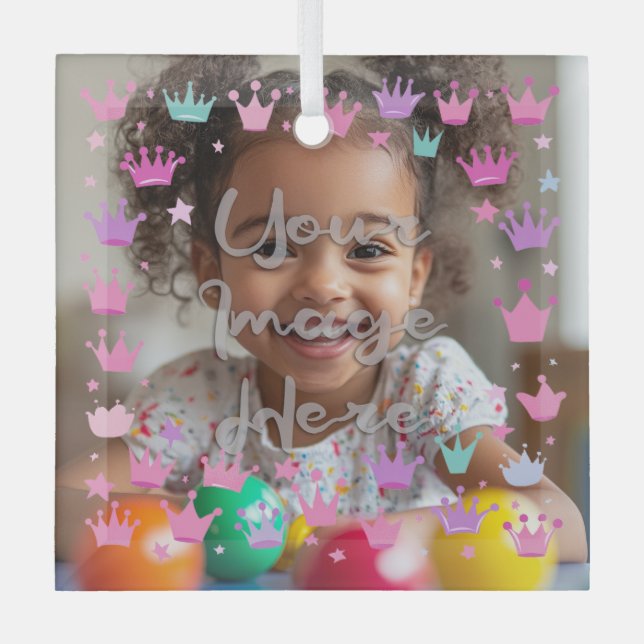 Pastel Pink Purple Princess Crown Photo Border Glass Tree Decoration (Front)