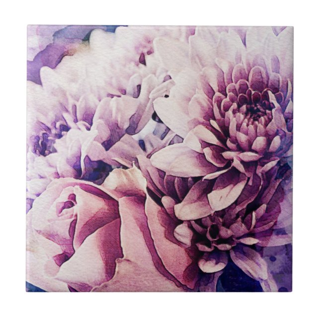 Pastel Pink Purple Rose Chrysanthemum Flowers Ceramic Tile (Front)