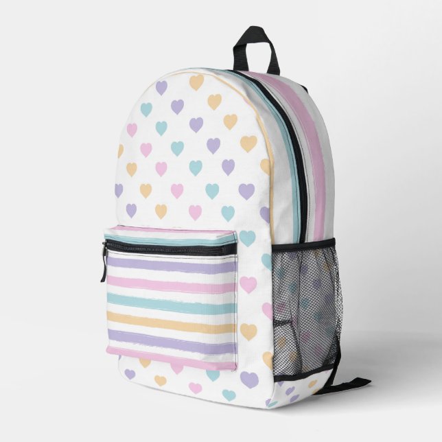 PASTEL PINK PURPLE YELLOW BLUE STRIPES & HEARTS PRINTED BACKPACK (Back Corner Right)