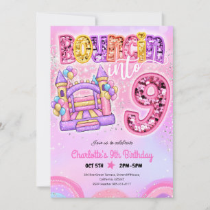 Pastel Pink Rainbow Bounce House 9th Birthday Invitation