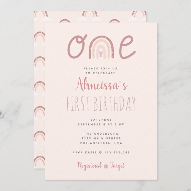 Pastel Pink Rainbow Clouds First Birthday Invitation (Front/Back)
