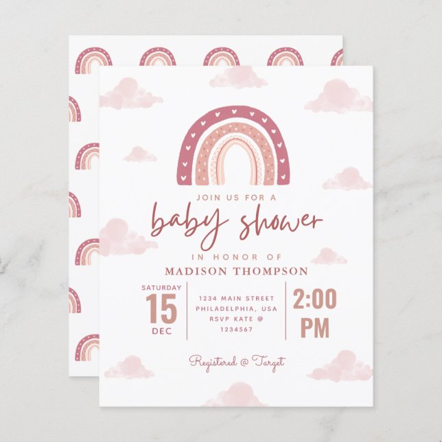 Pastel Pink Rainbow Clouds Girl Baby Shower Invita (Front/Back)
