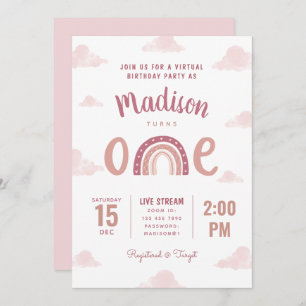 Pastel Pink Rainbow Clouds Virtual First Birthday Invitation