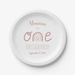 Pastel Pink Rainbow One First Birthday Paper Plate