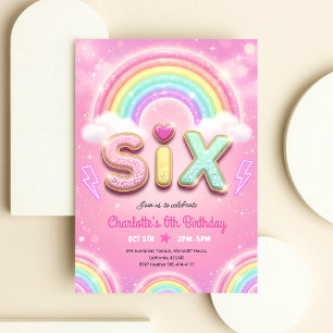 Pastel Pink Rainbow Sparkle 6th Birthday Invitation