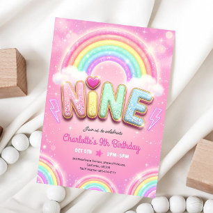 Pastel Pink Rainbow Sparkle 9th Birthday Invitation