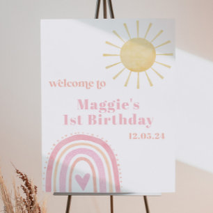 Pastel Pink Rainbow Sun 1st Birthday Welcome Sign
