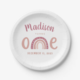 Pastel Pink Rainbow Your Name Turns One Birthday Paper Plate