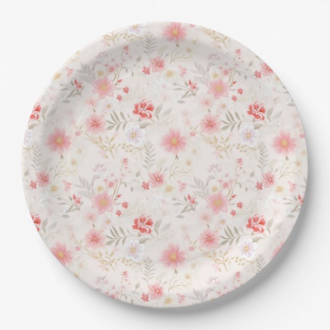 Pastel Pink Red White Flowers Pattern Paper Plate (Front)