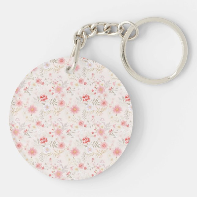 Pastel Pink Red White Flowers Pattern Two-sided Key Ring (Back)