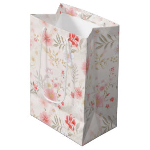 Pastel Pink Red White Flowers Pattern Wine, Small, Medium Gift Bag