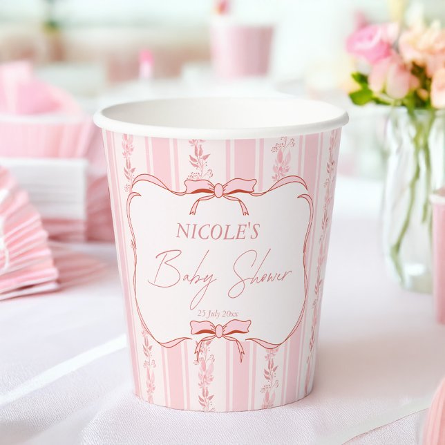 Pastel pink retro stripes baby shower personalised paper cups (Pastel pink retro stripes coquette baby shower monogrammed paper cups personalized table decor)