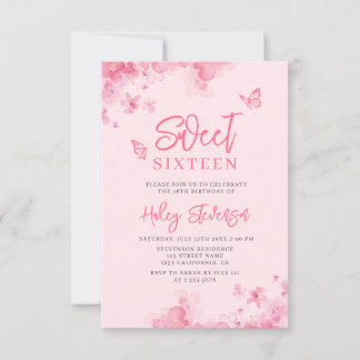 Pastel pink Romantic floral watercolor Sweet 16 Invitation
