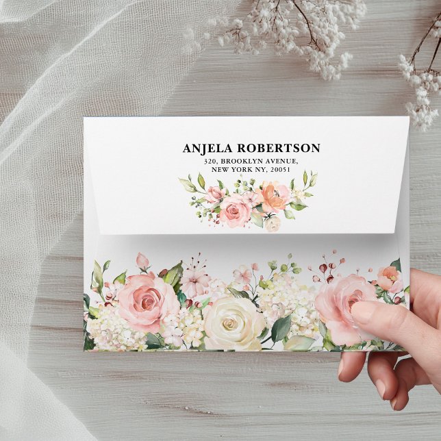 Pastel Pink Rose Florals Modern Botanical Wedding Envelope (Pastel Pink Rose Florals Modern Botanical Wedding Envelope)