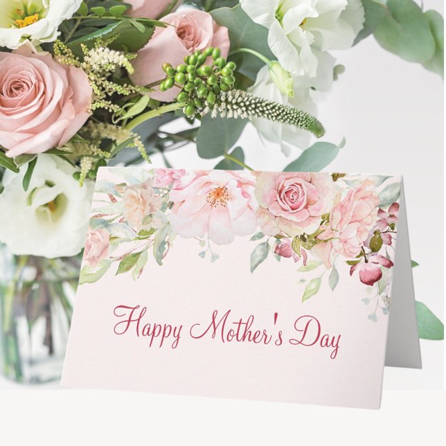 Pastel Pink Rose Flower Floral Happy Mother's Day Card (In situ)