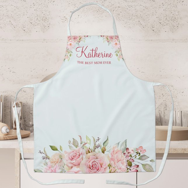 Pastel Pink Rose Flower Floral The Best Mum Ever Apron (In situ)