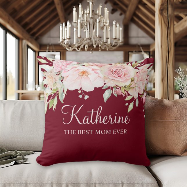 Pastel Pink Rose Flower Floral The Best Mum Ever Cushion (In situ)