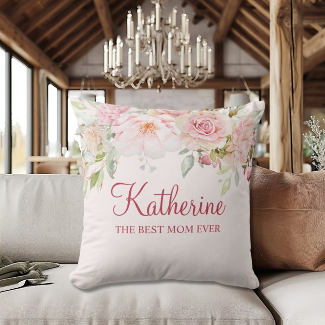 Pastel Pink Rose Flower Floral The Best Mum Ever Cushion (In situ)