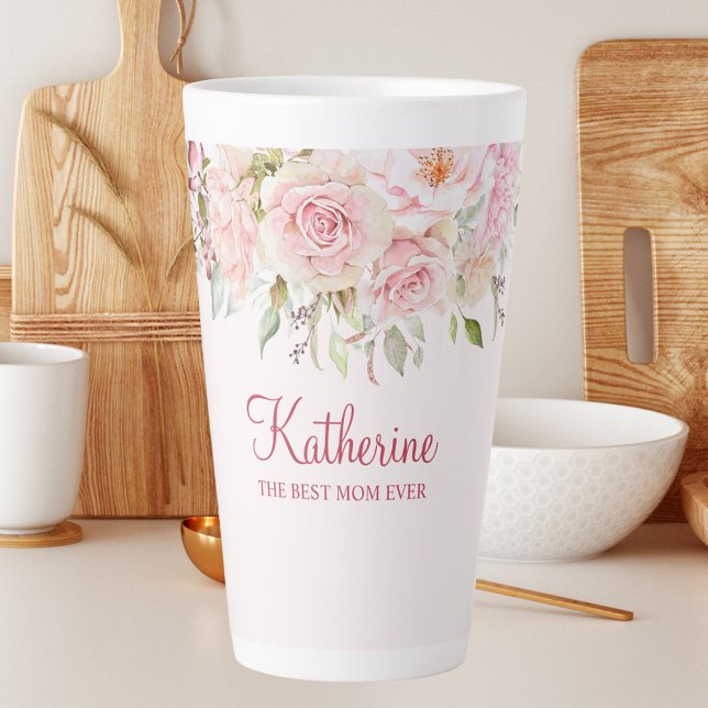 Pastel Pink Rose Flower Floral The Best Mum Ever Latte Mug (In situ)
