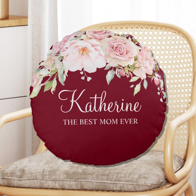 Pastel Pink Rose Flower Floral The Best Mum Ever Round Cushion (In situ)
