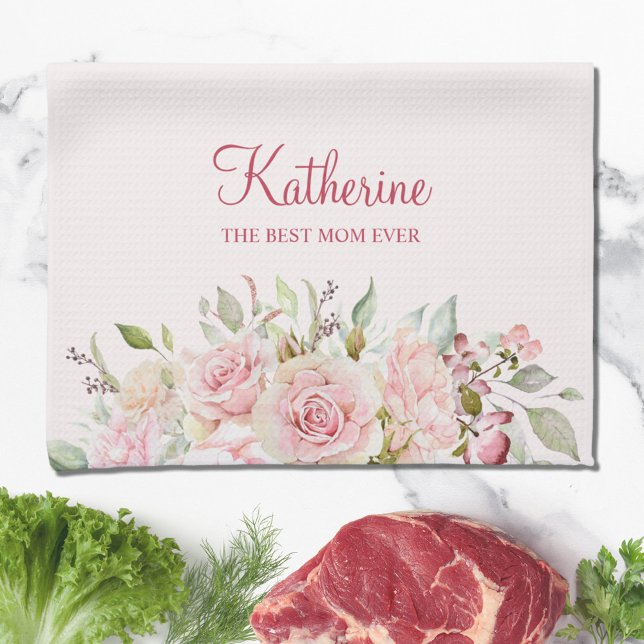 Pastel Pink Rose Flower Floral The Best Mum Ever Tea Towel (In situ)