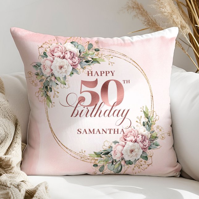 Pastel Pink Rose Gold Greenery 50th Birthday Gift Cushion (Pastel Pink Rose Gold Greenery 50th Birthday Pillow Gift)