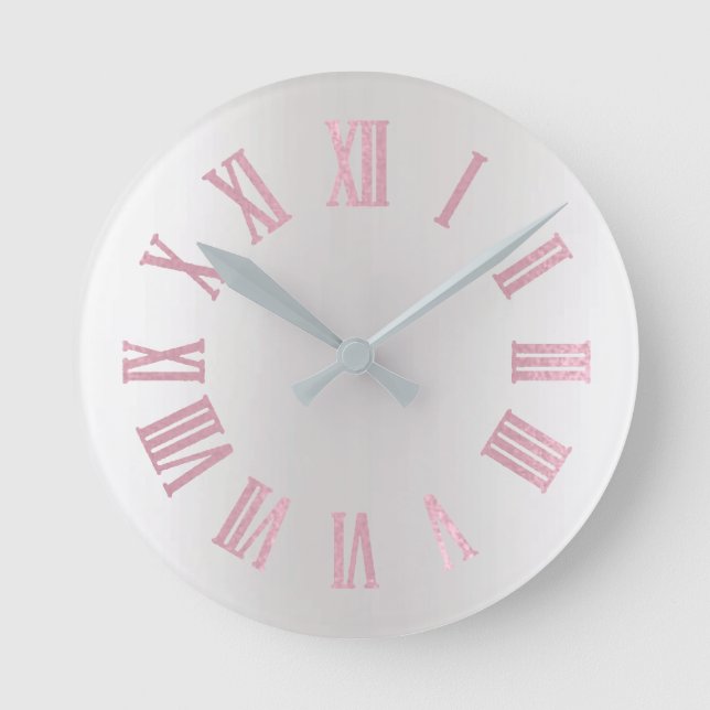 Pastel Pink Rose Grey Silver Ombre Minimal Black Round Clock (Front)