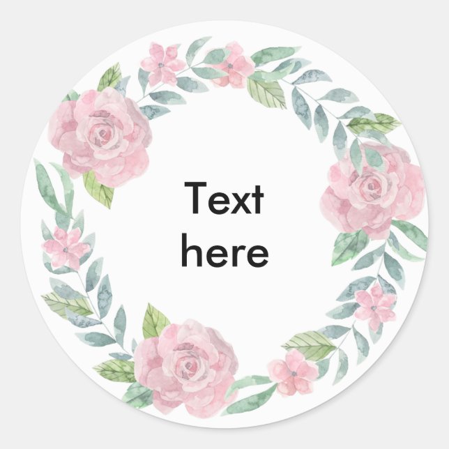 Pastel pink rose wreath to customize with a name classic round sticker (Front)
