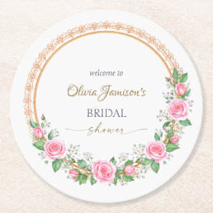 Pastel Pink Roses & Baby’s Breath Bridal Wreath Round Paper Coaster