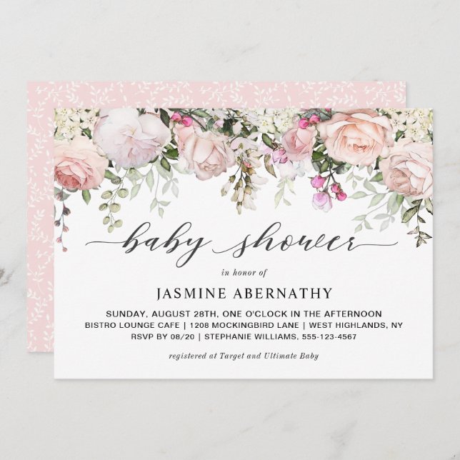 Pastel Pink Roses Baby Shower Invitation (Front/Back)
