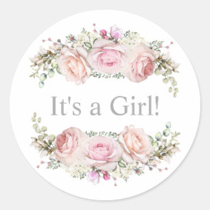 Pastel Pink Roses It's a Girl Classic Round Sticker
