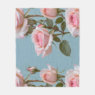Pastel Pink Roses On A Soft Sky Blue Background Fleece Blanket