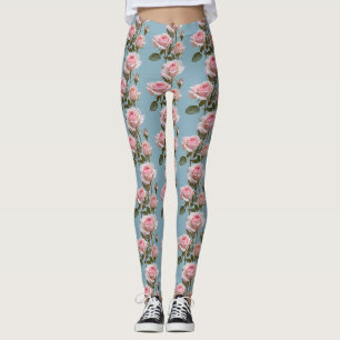 Pastel Pink Roses On A Soft Sky Blue Background Leggings