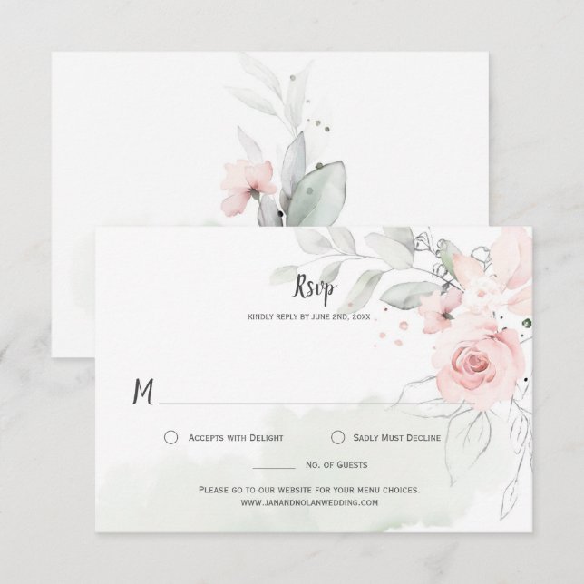 Pastel Pink Roses Pale Green Leaves Floral RSVP Card (Front/Back)