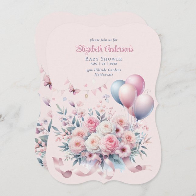 Pastel Pink Roses Ribbons Baby Shower Elegant Soft Invitation (Front/Back)