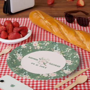 Pastel pink roses watercolors pattern on green paper plate
