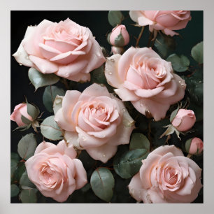 Pastel Pink Roses with Dark Green Leaves Poster