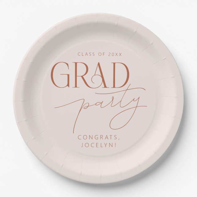 Pastel Pink Rust Minimalist Grad Party Paper Plate (Front)