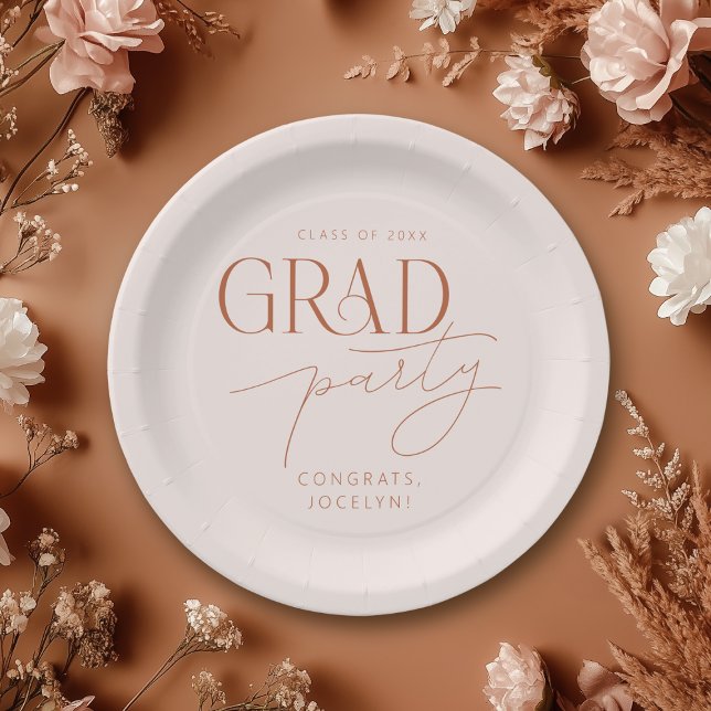 Pastel Pink Rust Minimalist Grad Party Paper Plate (Shown on a 9" round paper plate)