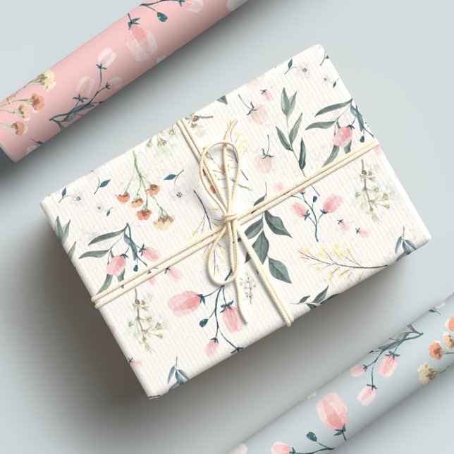 Pastel Pink & Sage Wildflower Watercolor Wrapping Paper Sheet (Creator Uploaded)