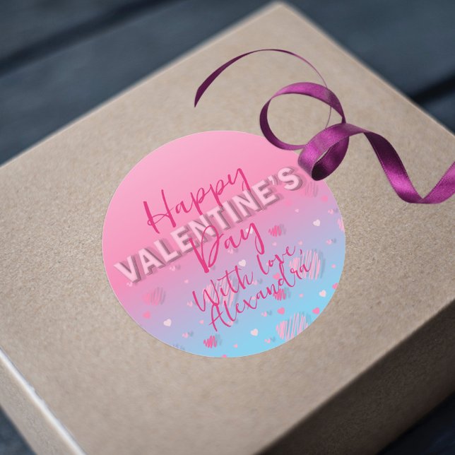 Pastel Pink Scribble Hearts Happy Valentine's Day Classic Round Sticker (Creator Uploaded)