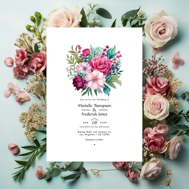 Pastel Pink, Sea Green and Merlot Summer Wedding Invitation (Creator Uploaded)