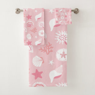 Pastel Pink Sea Shells and Coral Seamless Pattern Bath Towel Set